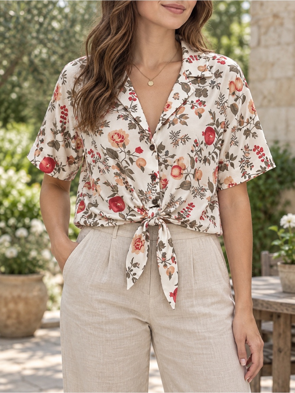 NWT Cider Cream Button-Front Tie Blouse with Fruit & Floral Print